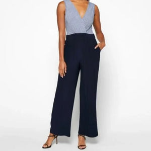 Kaileigh Navy Lantana Knit Jumpsuit S Sleeveless Floral Plunge V-Neck Wide Leg